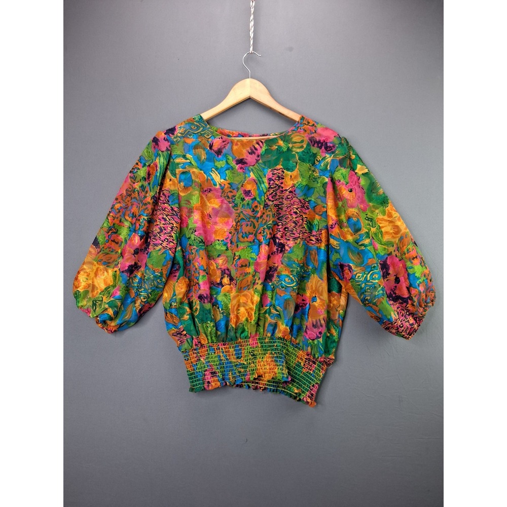 Gump's Vintage Blouse Abstract Floral Animal Print Smocked Waist XL Multi-Color